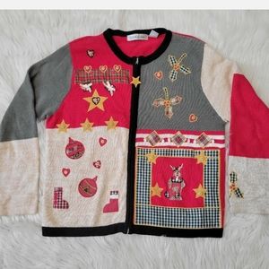 Victoria Jones Christmas snowman winter sweater Cardigan full zip size L.